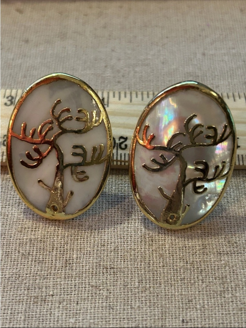 Vintage Gold Tone Tree Of Life Clip On Earrings With Mother Of Pearl Inlay